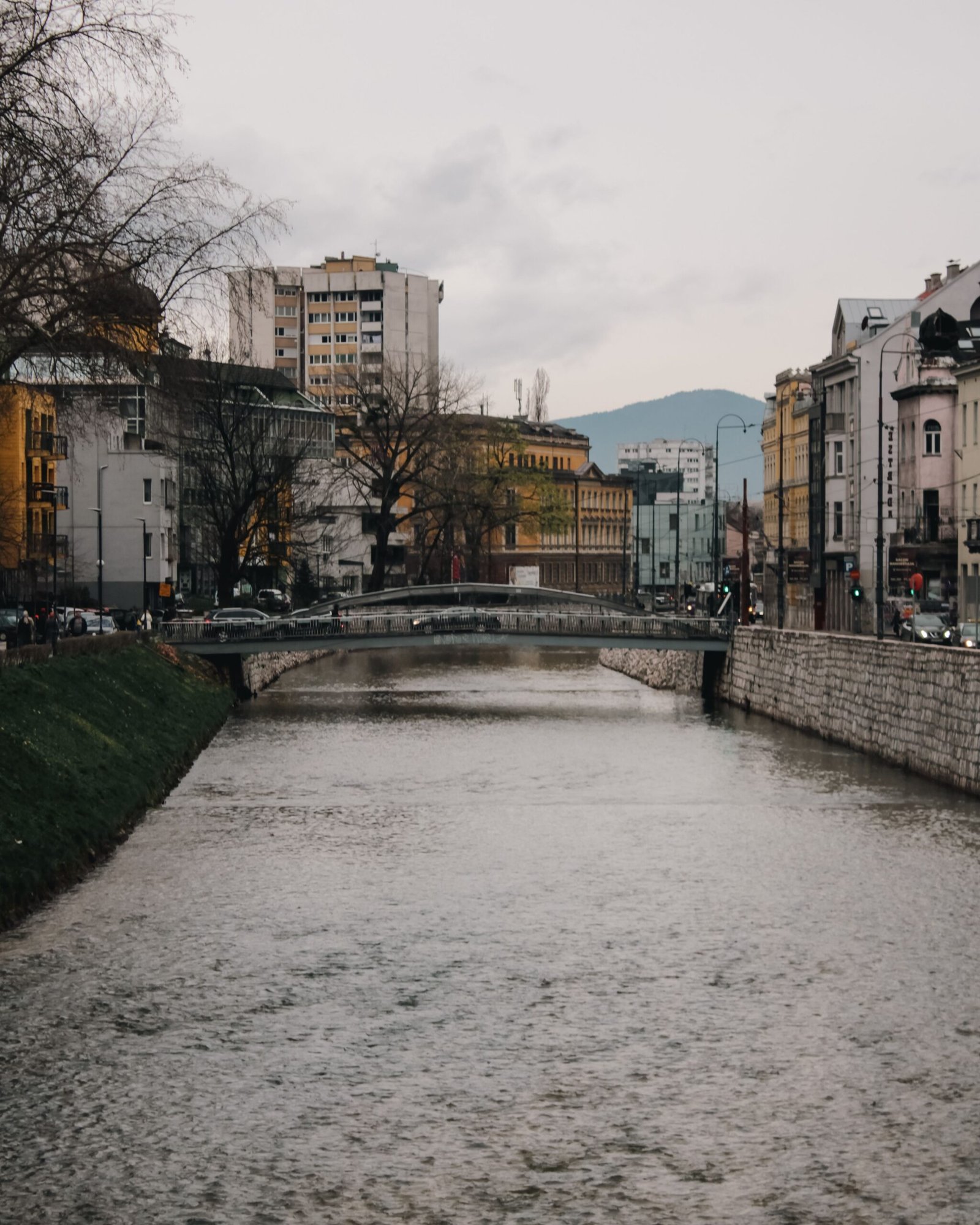 Sarajevo and the Miljacka River at dusk
