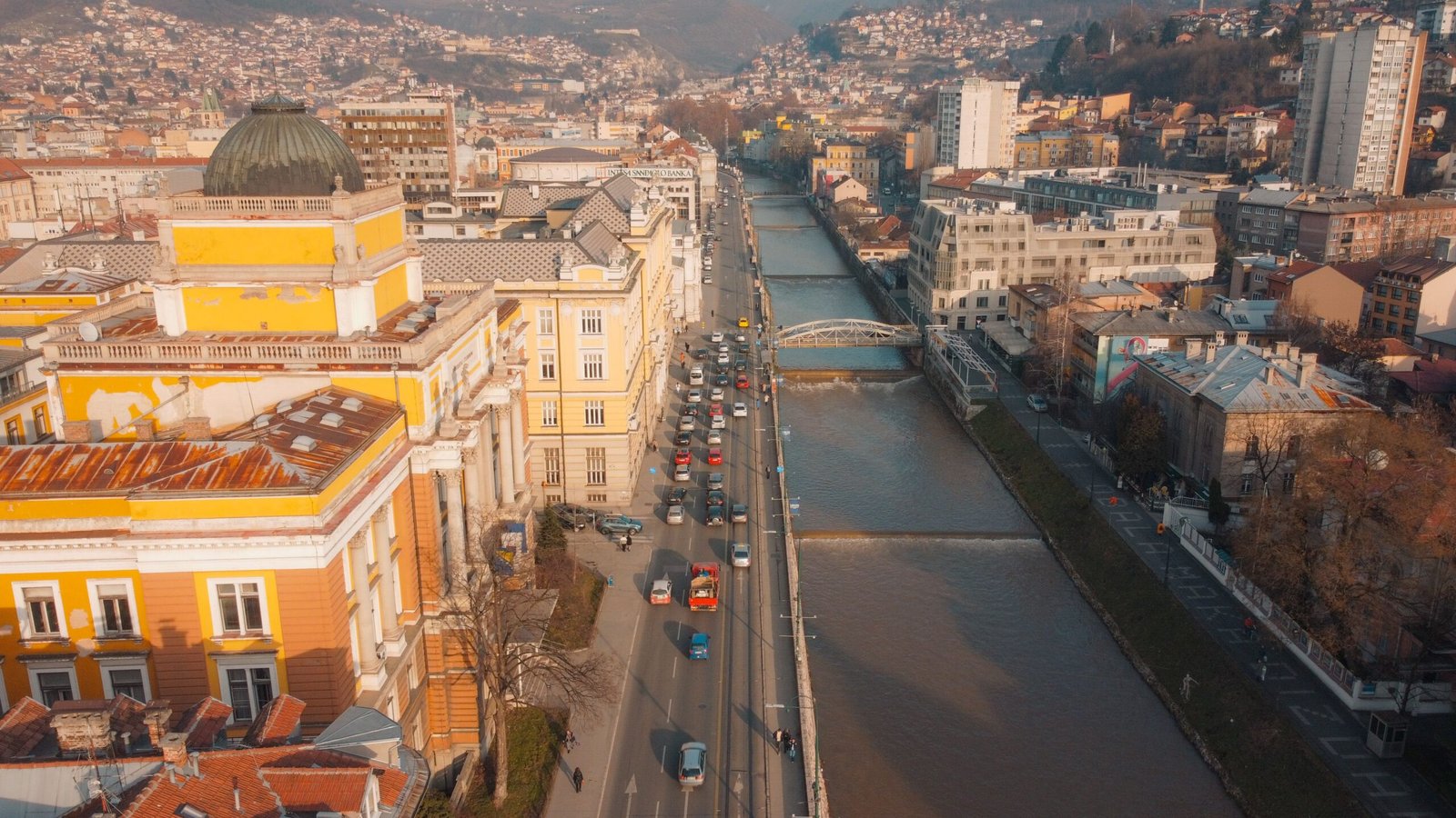 Daytime aerial view of Sarajevo and the Miljacka River